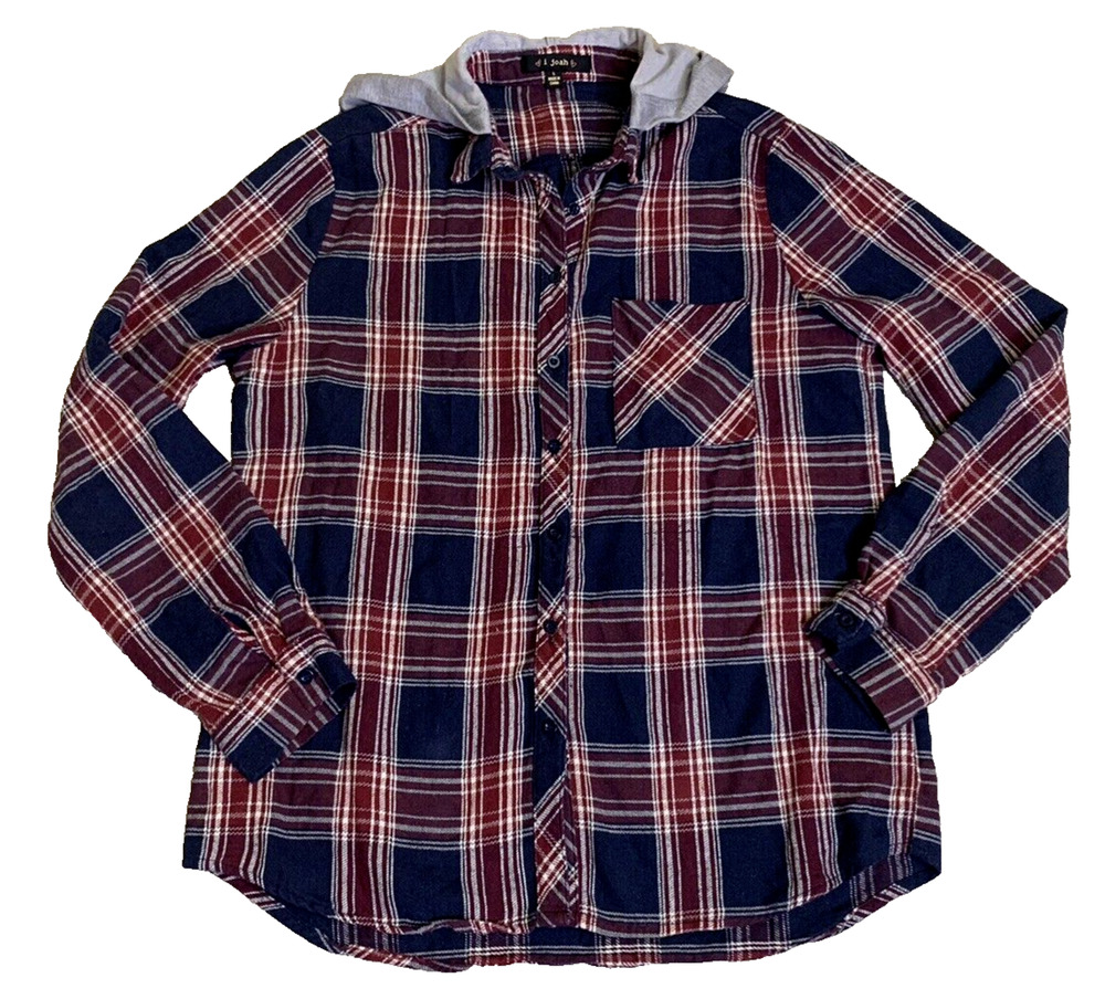 i joah Womens Flannel Plaid Hoodie Shirt Size Large Button Up Red Navy Skater